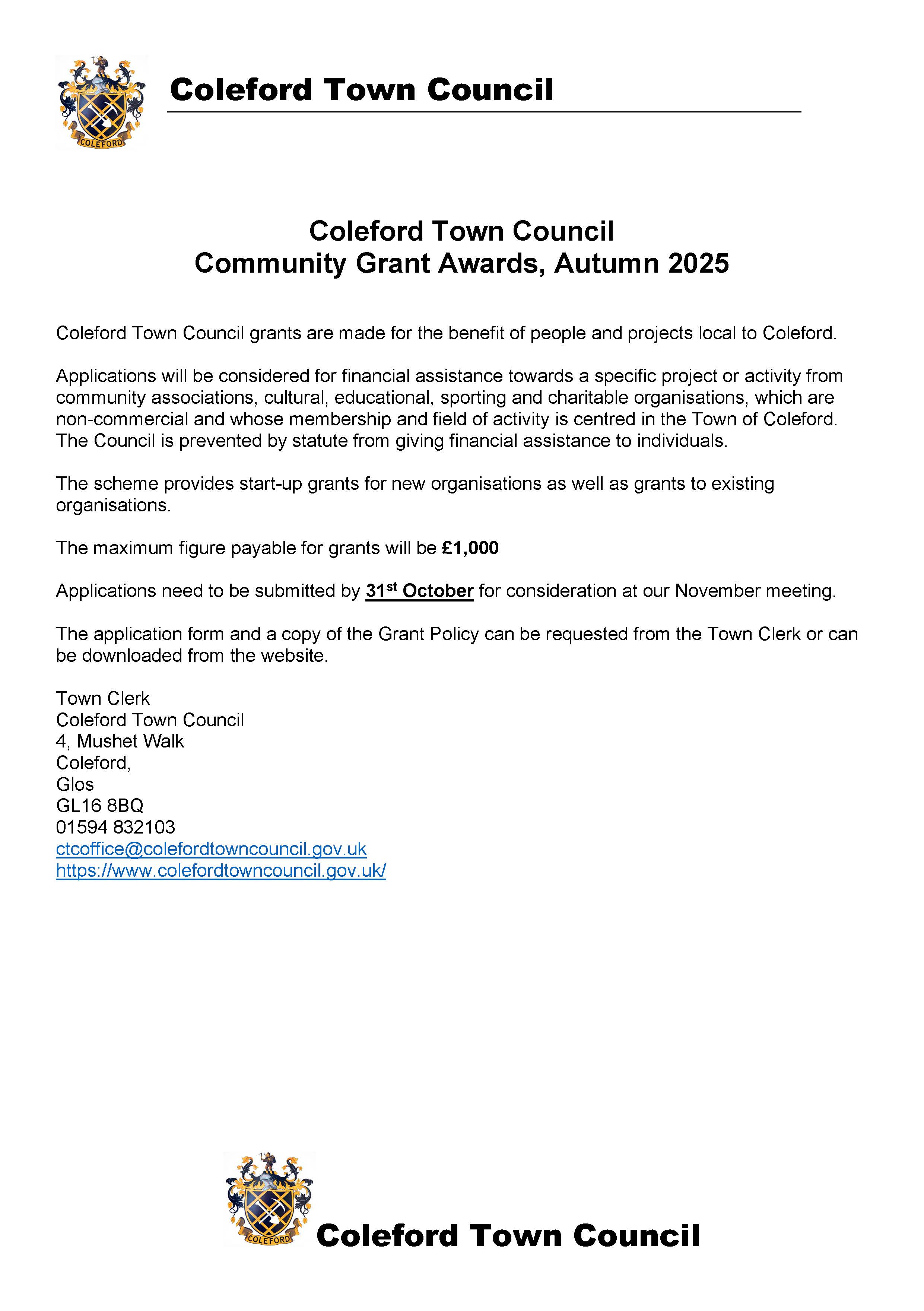 Community Grants Autumn 2026 - closing date 31st October 2026